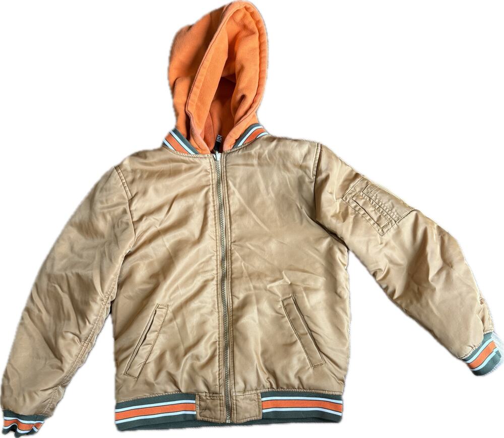 Boys Youth 10-12 bomber jacket with hood. Small repair. May be reversible.